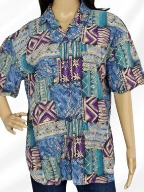 Multicolor Act III Short Sleeve Button-Up Shirt Size L Bold Casual Style